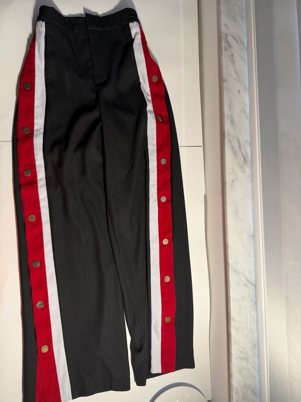 Women’s Black Wide-Leg Track Pants Red & White Snap Side Stripes - Picture 4 of 7
